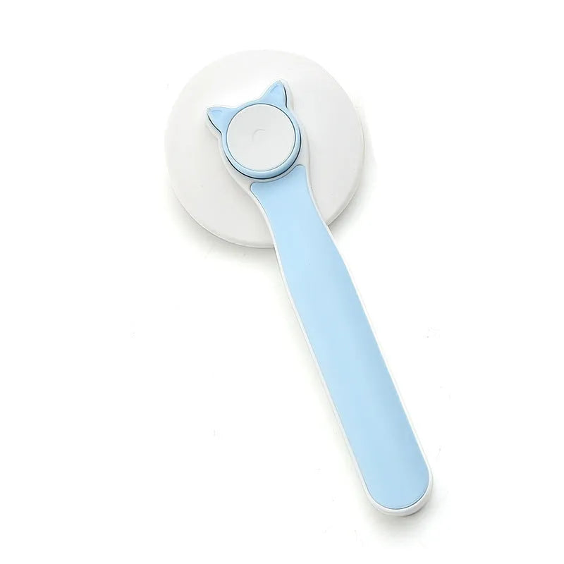 Self-cleaning slicker brush for dogs and cats with blue rubber handle and stainless steel pins