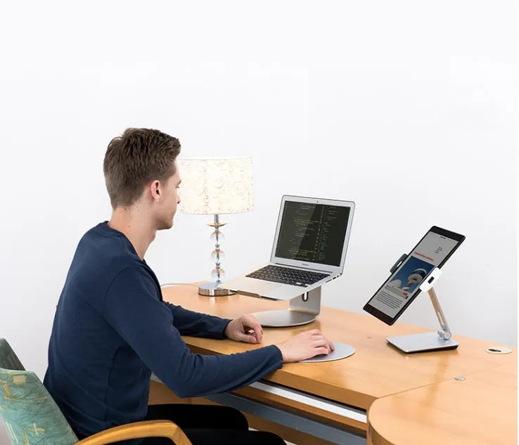 Foldable aluminium desktop phone and tablet stand with 360° rotation