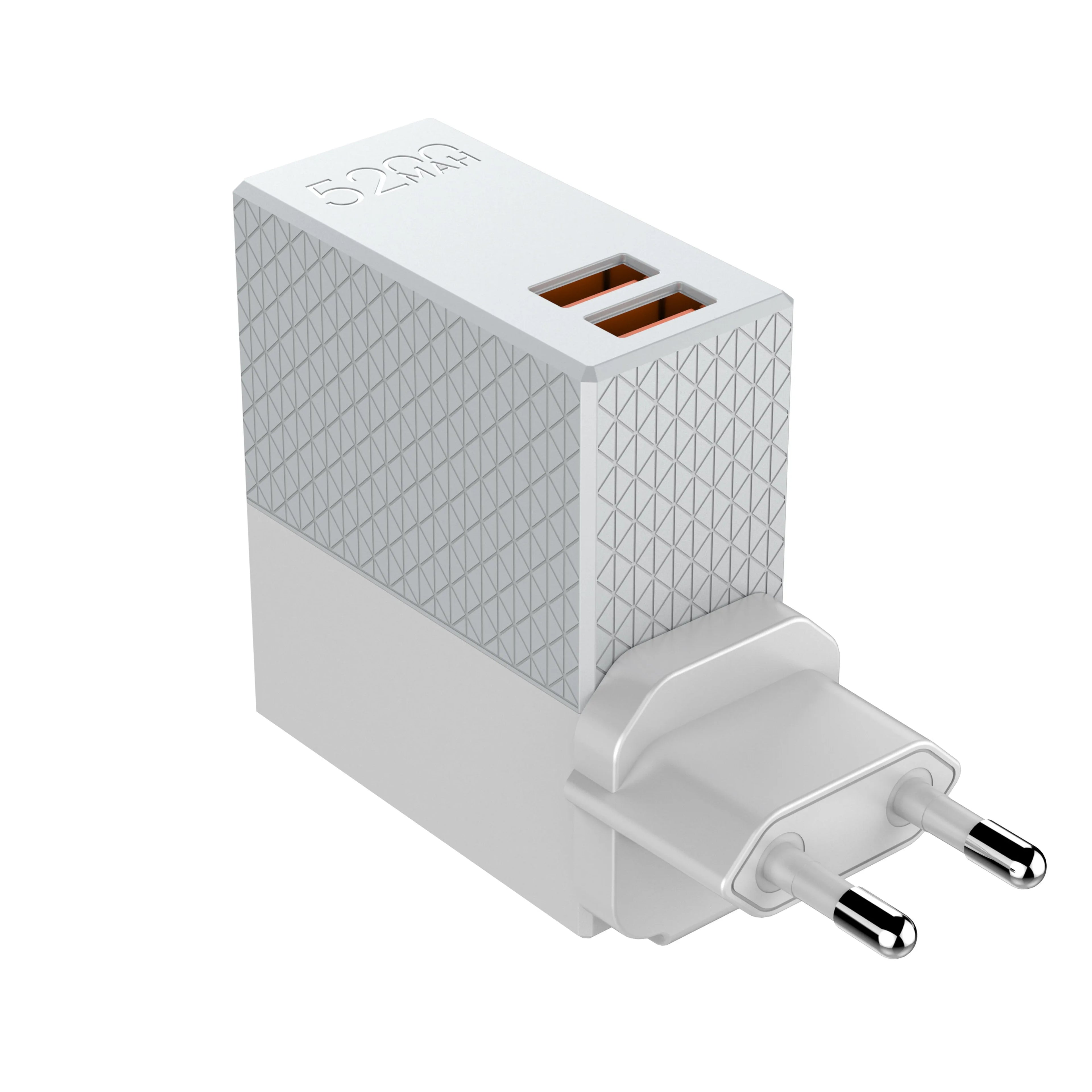 White two-in-one power bank charger with integrated plug, showing UK/US/EU pins and 5200mAh capacity.