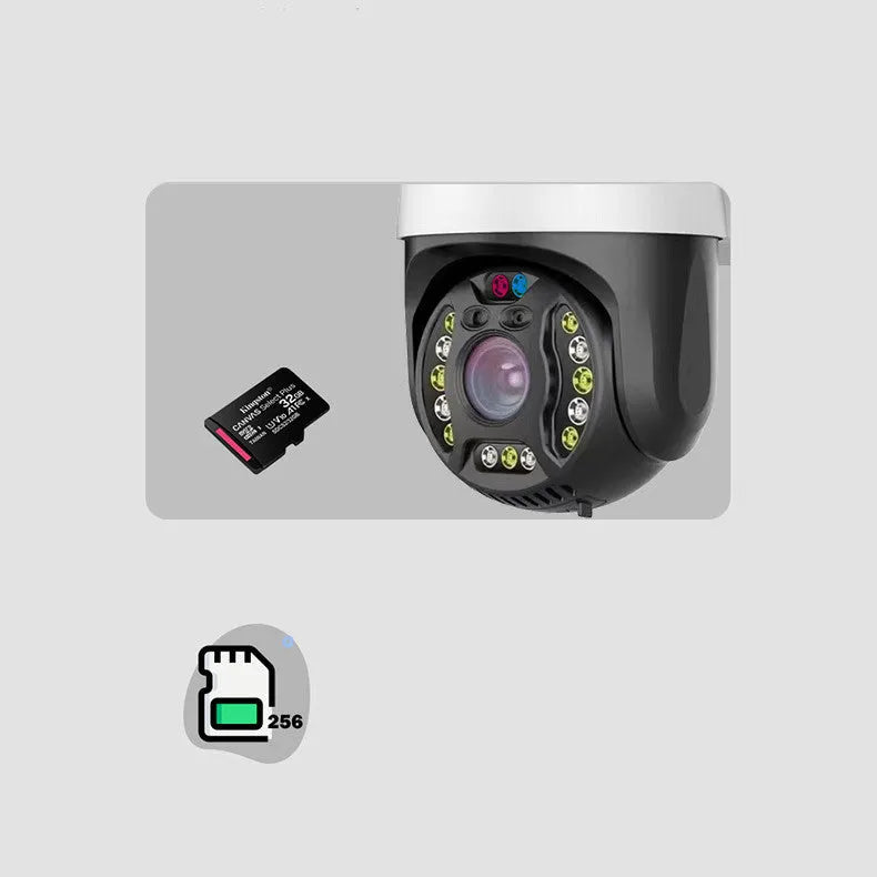 White outdoor dome security camera with 360-degree rotation on a wall mount.