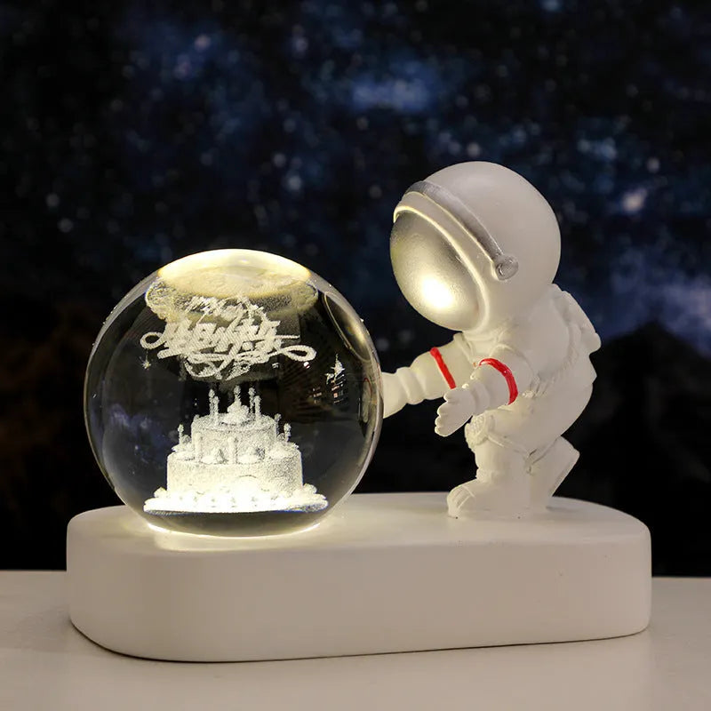 USB powered astronaut crystal ball night light showing 6cm resin sphere with planetary patterns