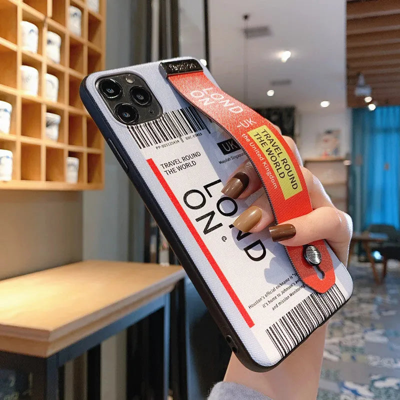 iPhone mobile phone case with TPU PC construction and detachable wristband in red violet yellow colour options