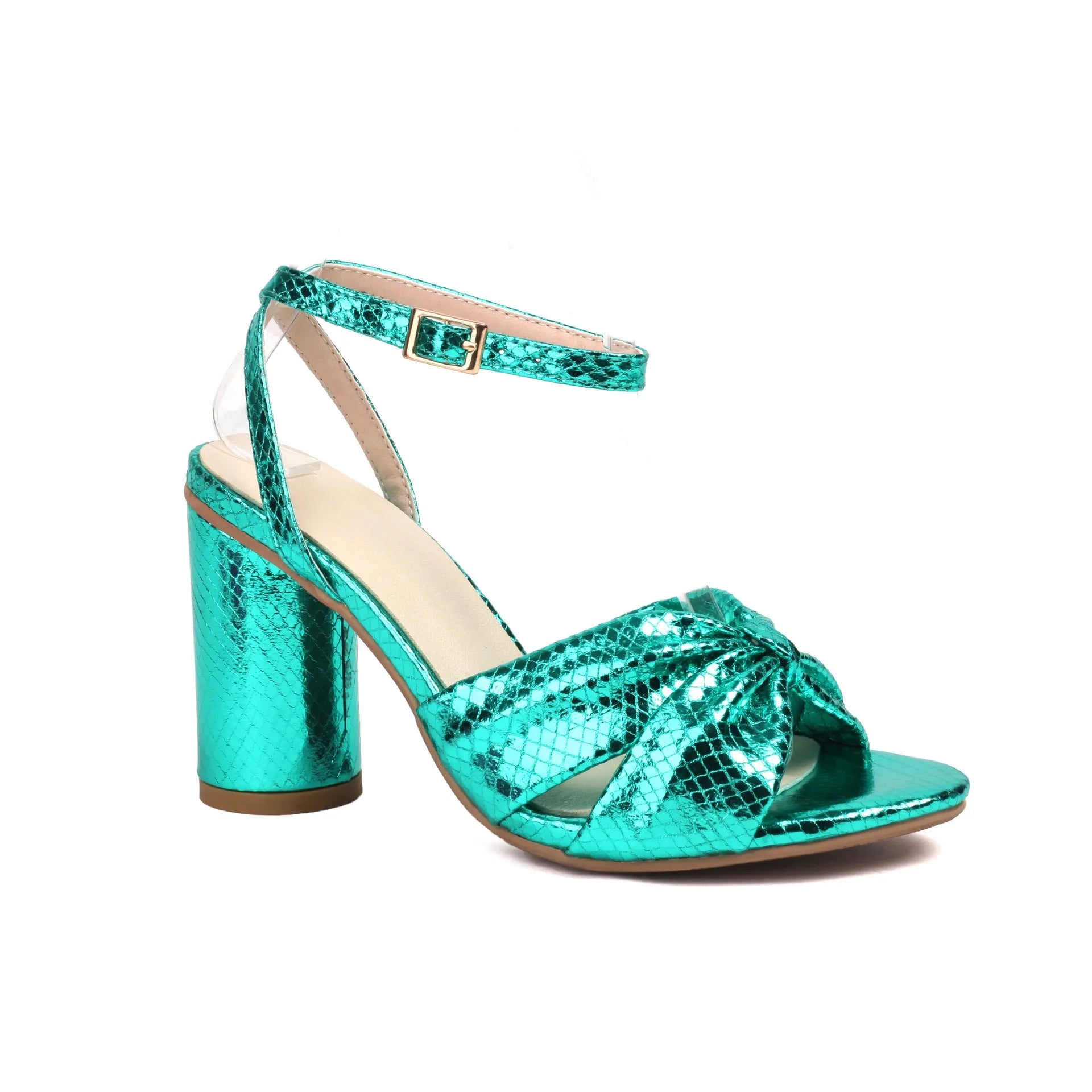 Gold high heel peep toe sandal with ankle buckle on a white background
