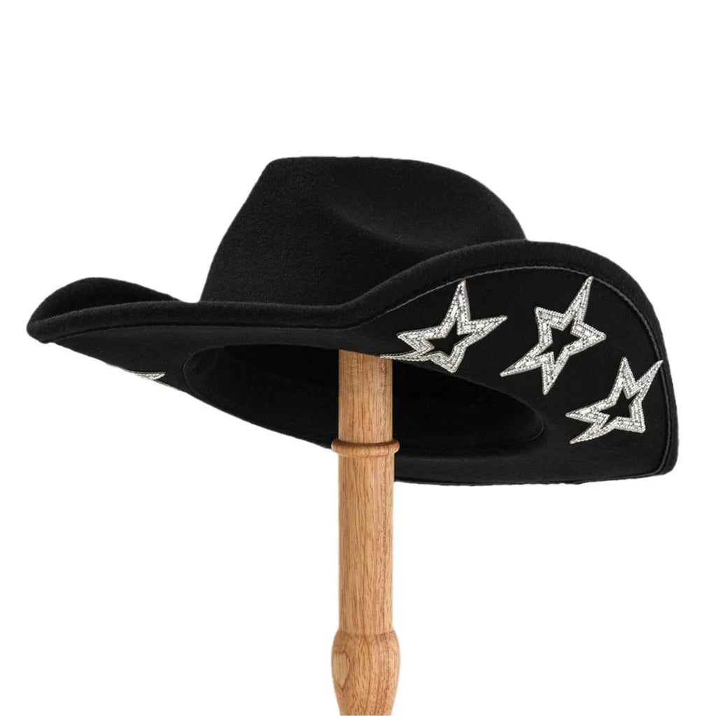 Beige polyester felt western-style top hat with a conical crown and a hexagonal star decoration on the front.