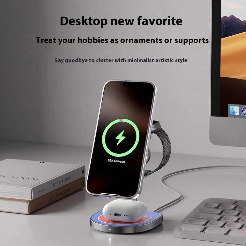 Three-in-one magnetic wireless charger with aluminium alloy body in black, red blue, or silver grey colour options.