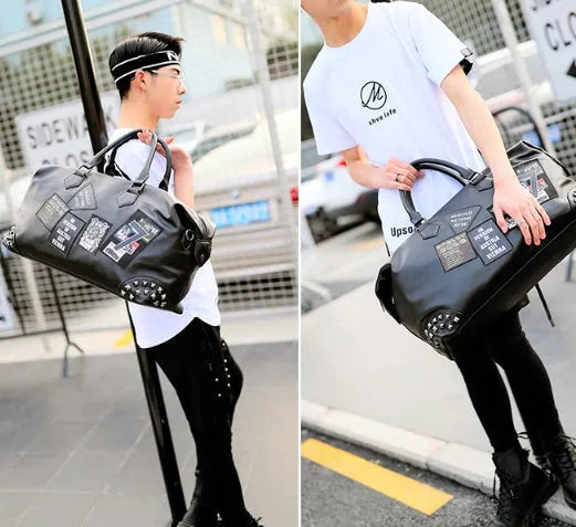 Black thick PU leather gym bag with adjustable shoulder strap fits 14-inch notebook