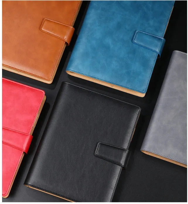 A5 hardcover leather buckle notebook in black, blue, brown, grey, or red with binder binding