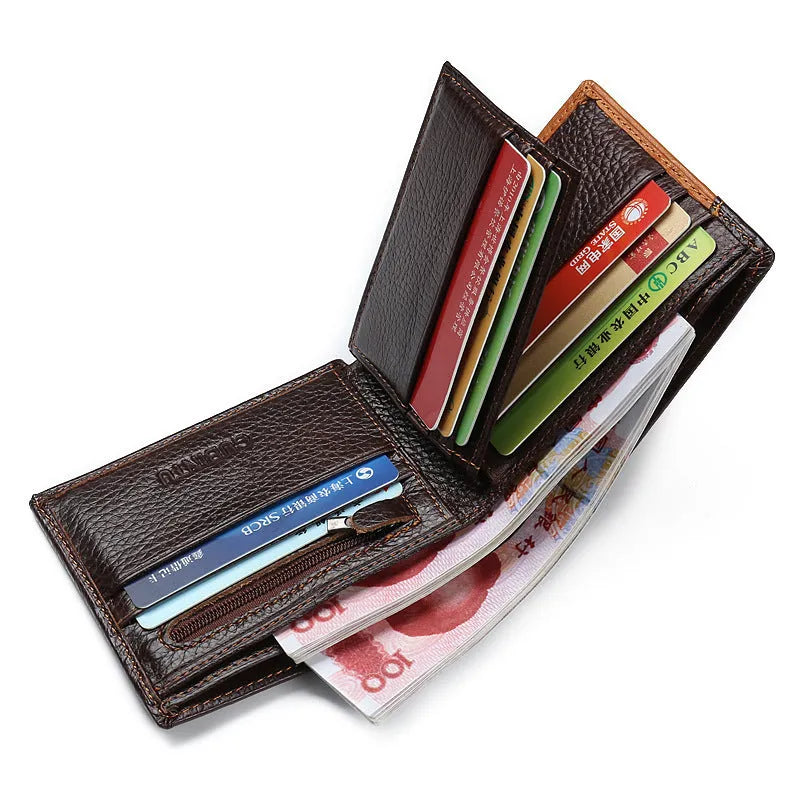 Men's brown leather wallet with white contrast stitching, open to show card slots, zipper coin pocket, and bill compartment.