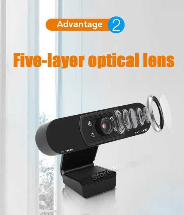 Black HD webcam with built-in microphone and glass lens on a laptop screen