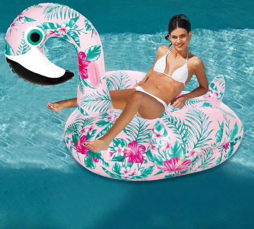 Inflatable pink flamingo swimming float and swim ring for adult and child pool use