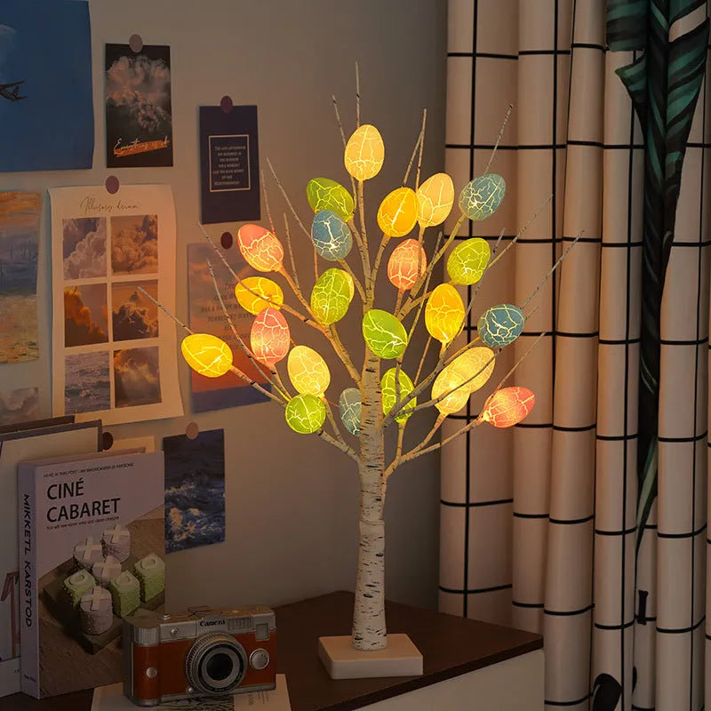 60cm LED Easter birch tree light with warm white LEDs and cracked egg ornaments on adjustable branches