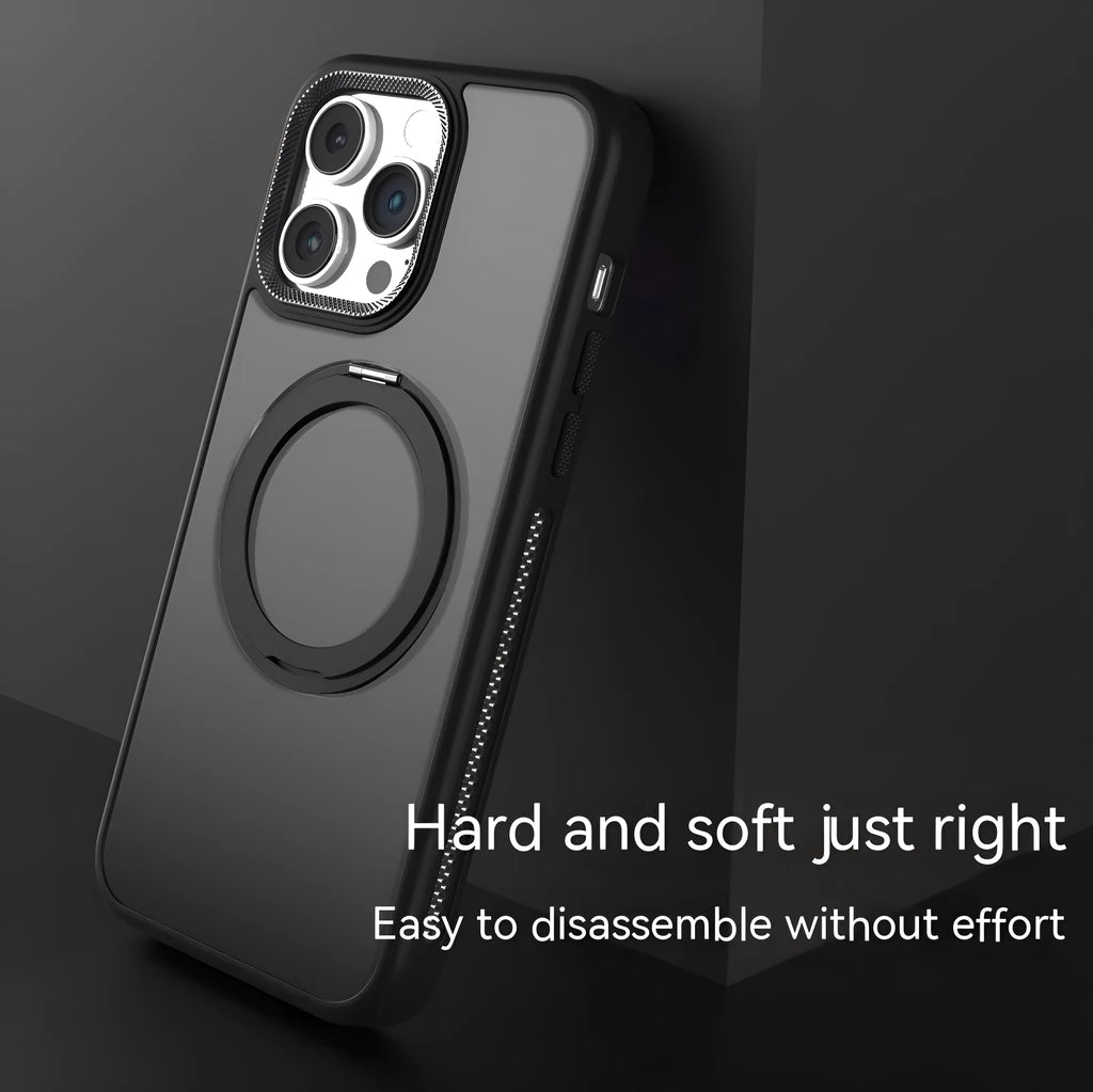 Deep Sea Blue rotating bracket magnetic suction phone case for iPhone shown in portrait and landscape viewing angles.