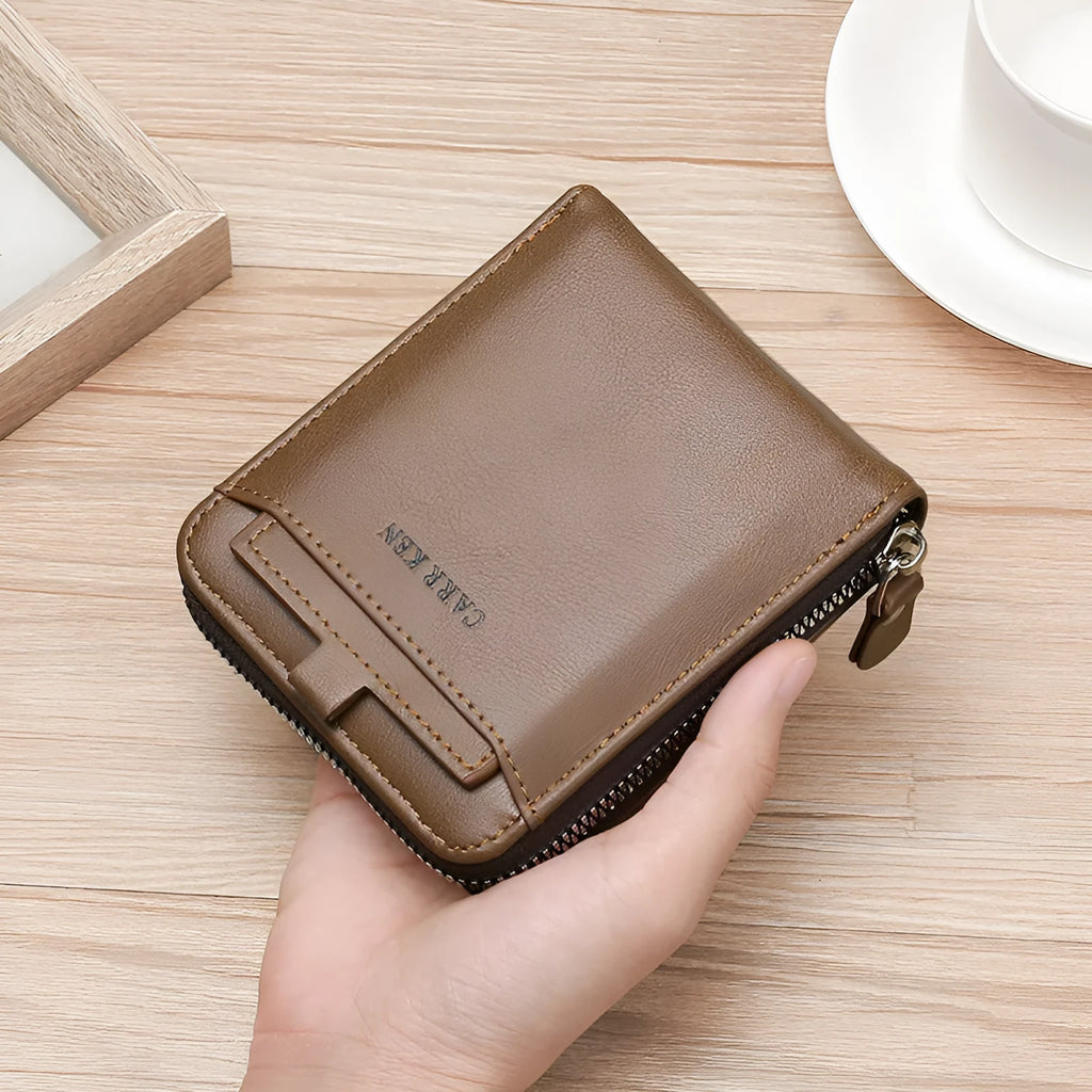 Men's short horizontal square zipper wallet in brown polyurethane leather with multiple card slots and metal zipper closure
