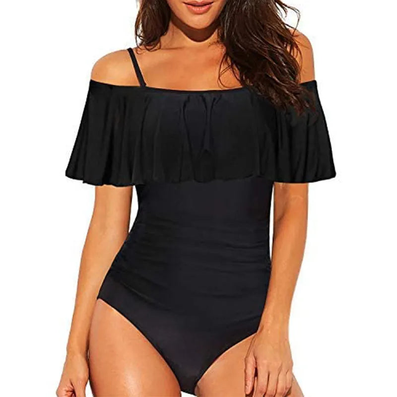 Black women's one-piece swimsuit with cut-out ruffled strap tube top design