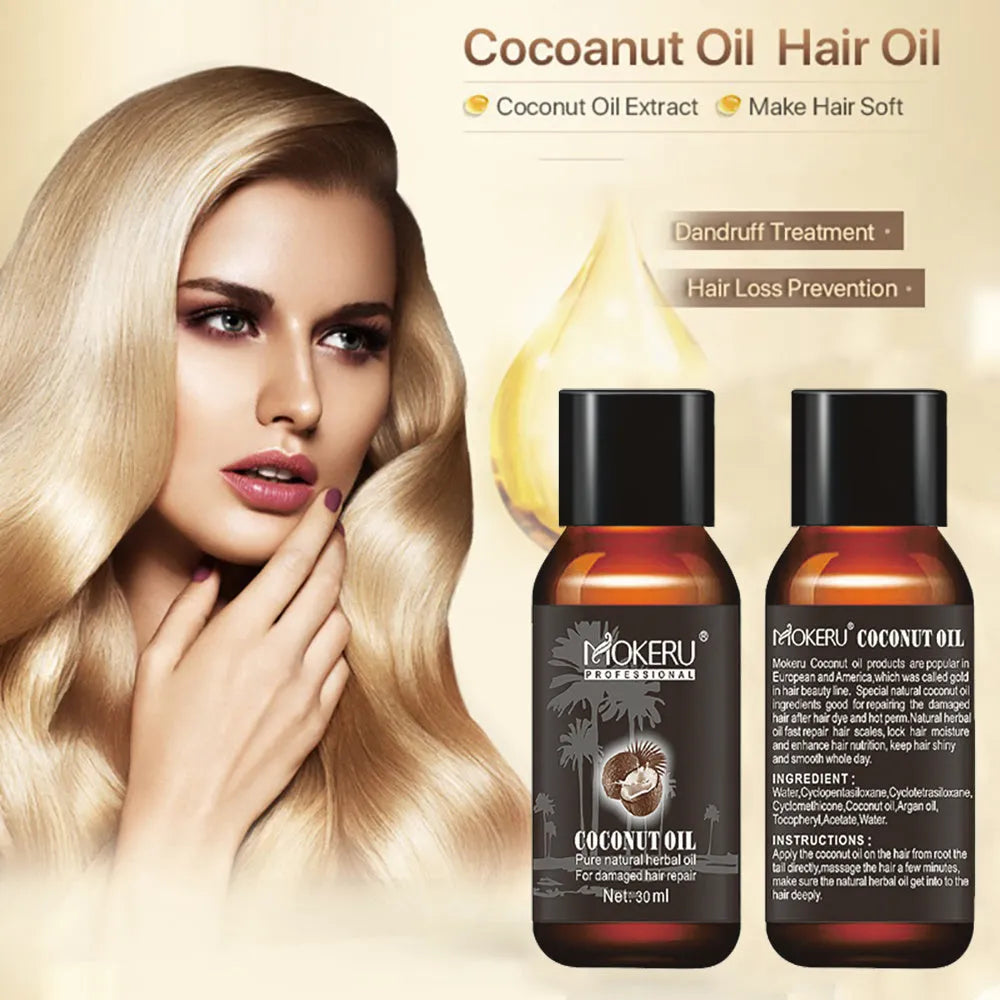 White 30ml bottle of Coconut Oil Repair hair treatment for frizz and damage