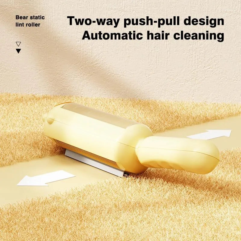 Blue reusable pet hair remover tool with a self-cleaning base for furniture and car seats.
