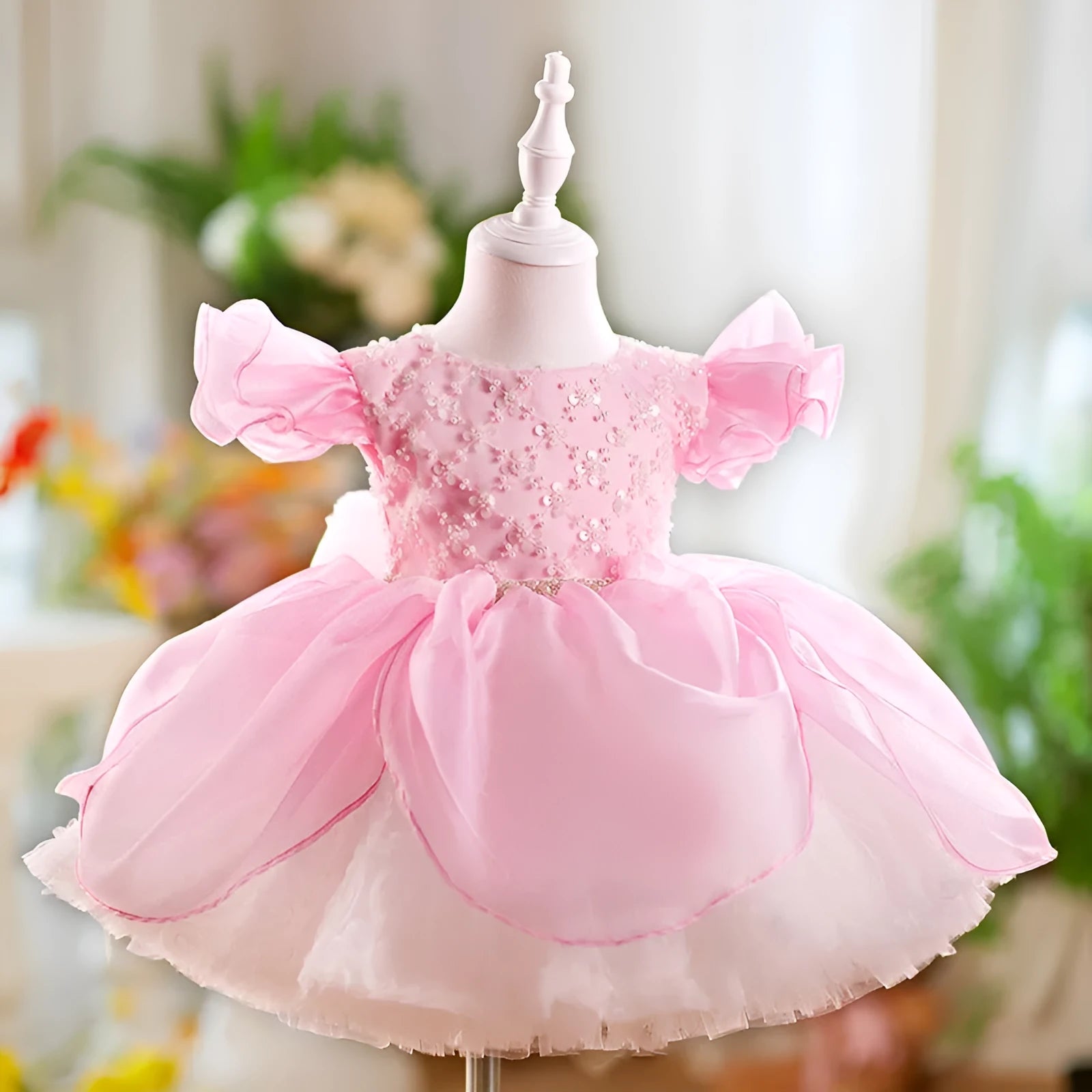 Children flounced sleeve pettiskirt birthday dress in pink polyester fibre for girls 80-160cm