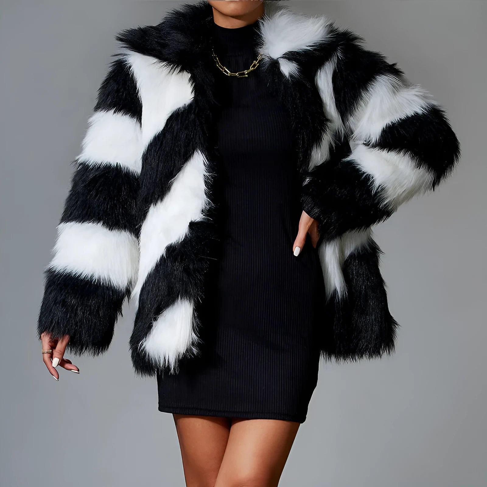 Faux fur coat with contrast lapel and detachable fur collar in shown colour.