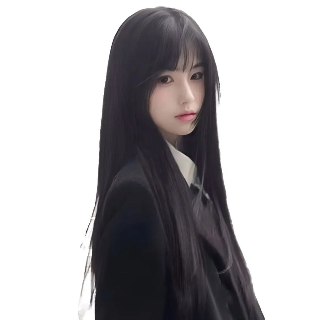 Long straight black synthetic wig with full blunt bangs on a wig stand.