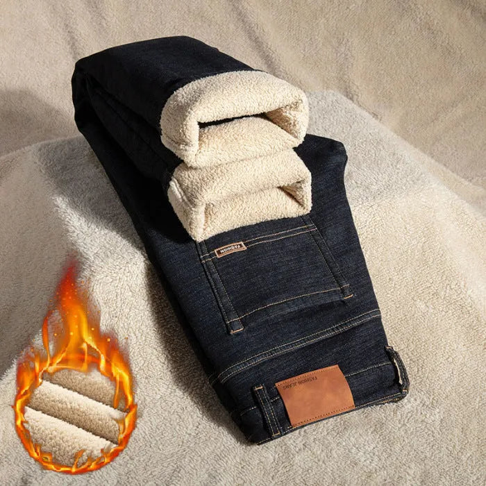 Men's loose straight fleece-lined jeans in black with lamb fleece lining, chenille fabric, sizes 29-48