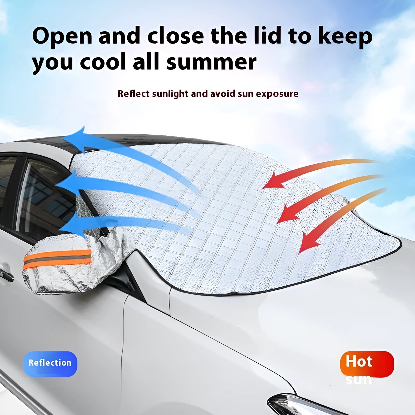 Aluminium foil car windshield cover with magnetic fasteners and reflective edge stripes for SUV frost protection