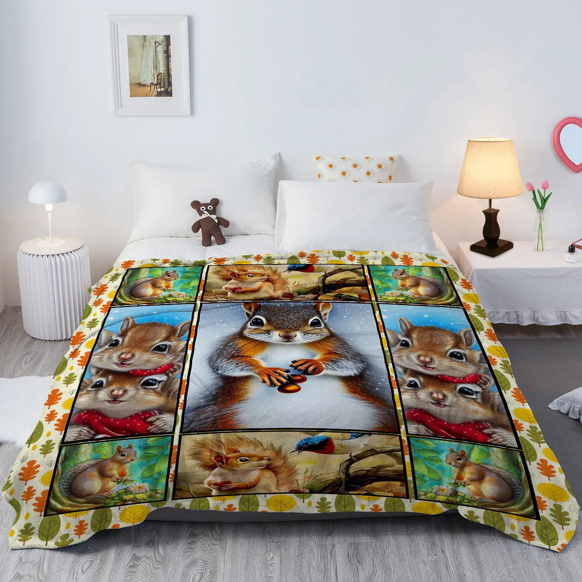 Soft flannel white bellied squirrel printed throw blanket on a sofa, yellow colour, hemmed edges