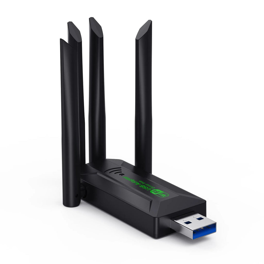 Black USB network transmitter dongle with four extended antennas for computer Wi-Fi connectivity.