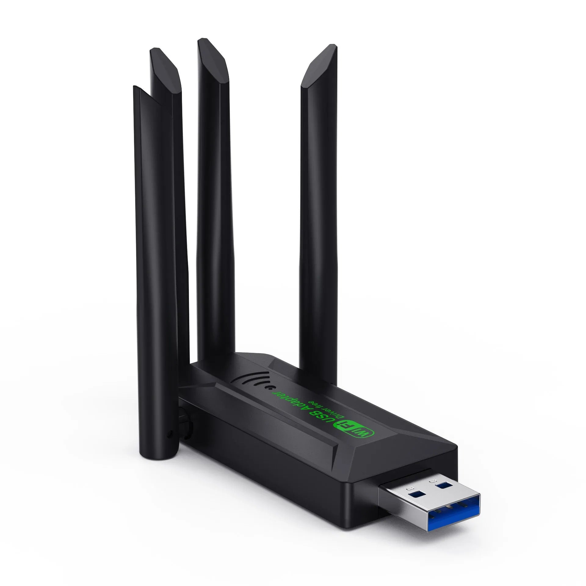 Black USB network transmitter dongle with four extended antennas for computer Wi-Fi connectivity.