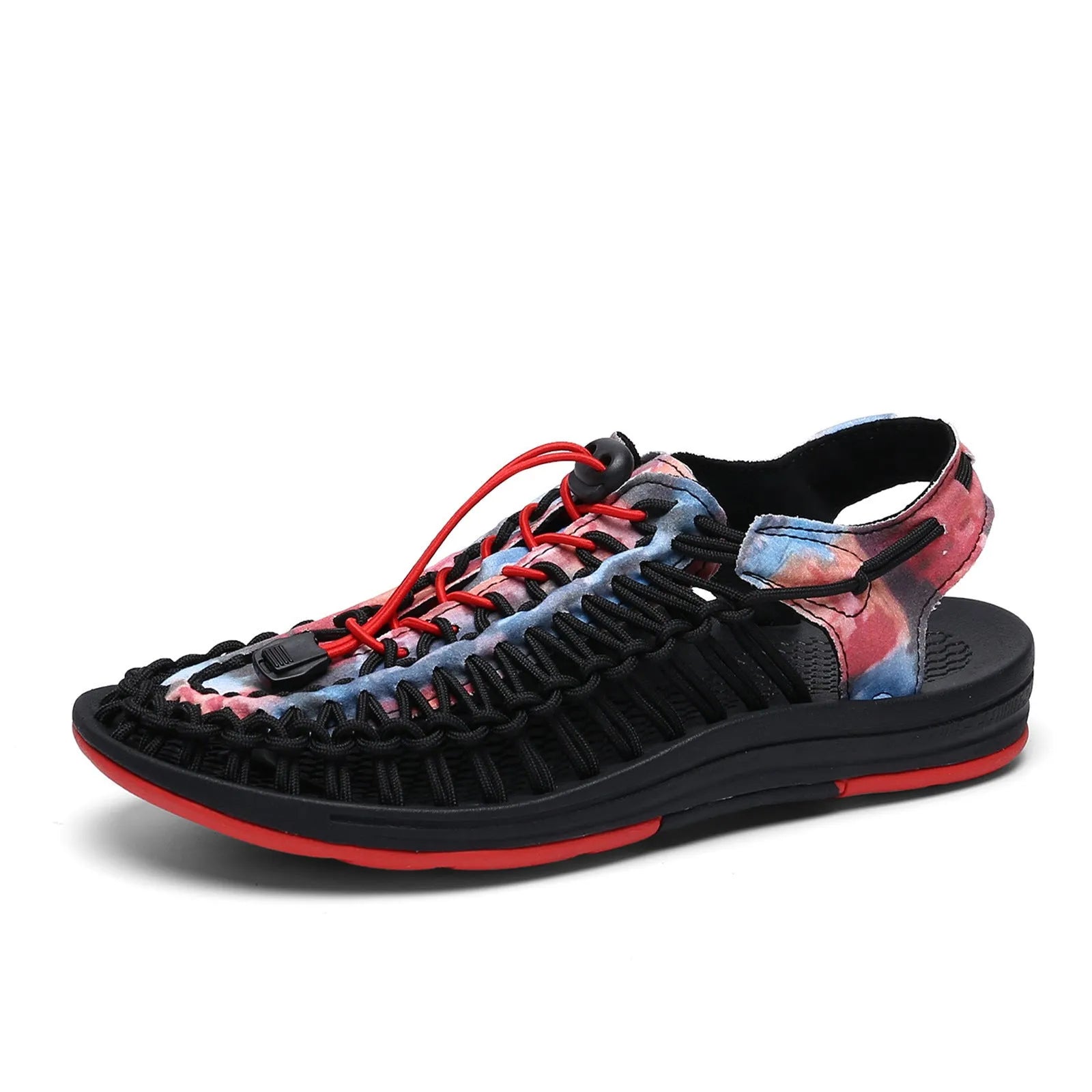 A pair of casual woven Roman sandals with an elastic drawstring tie across the instep.