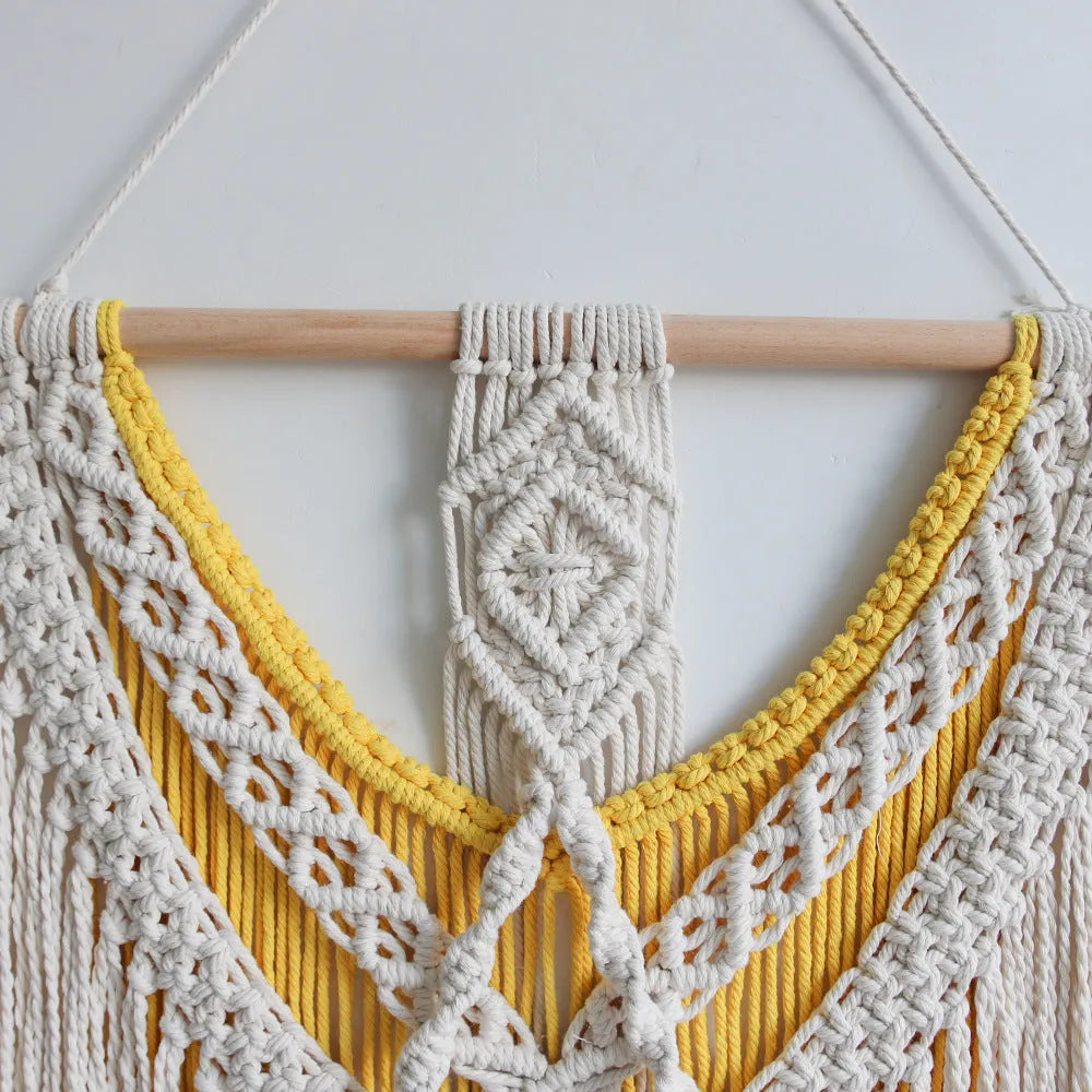 Hand-woven creamy white cotton tapestry with Nordic style, rectangular shape measuring 120cm by 95cm