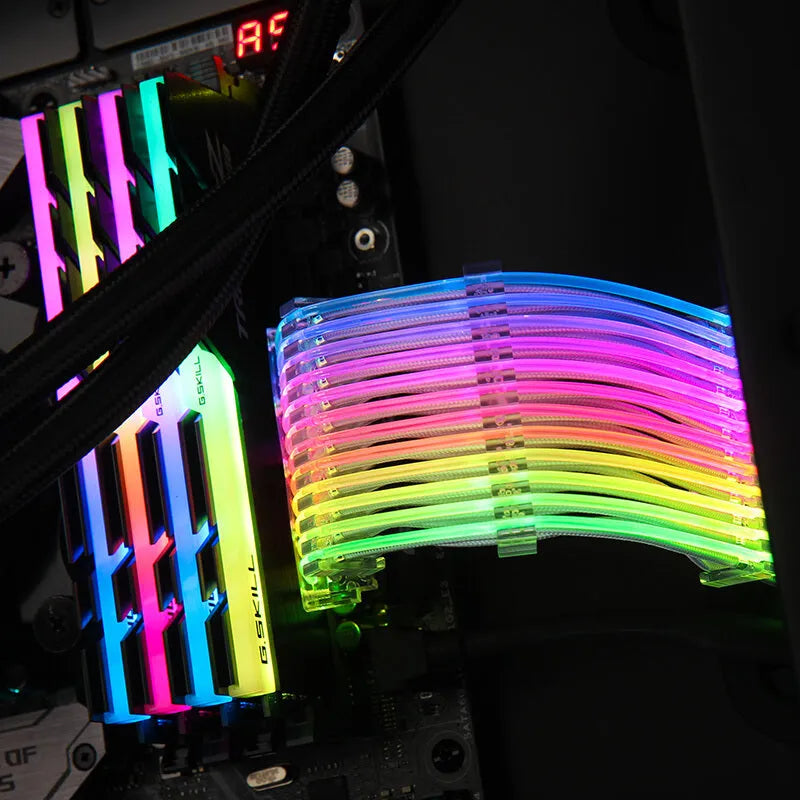 25 cm computer case cable extension with transparent silver-plated wire, light row, and RGB support for PC builds.