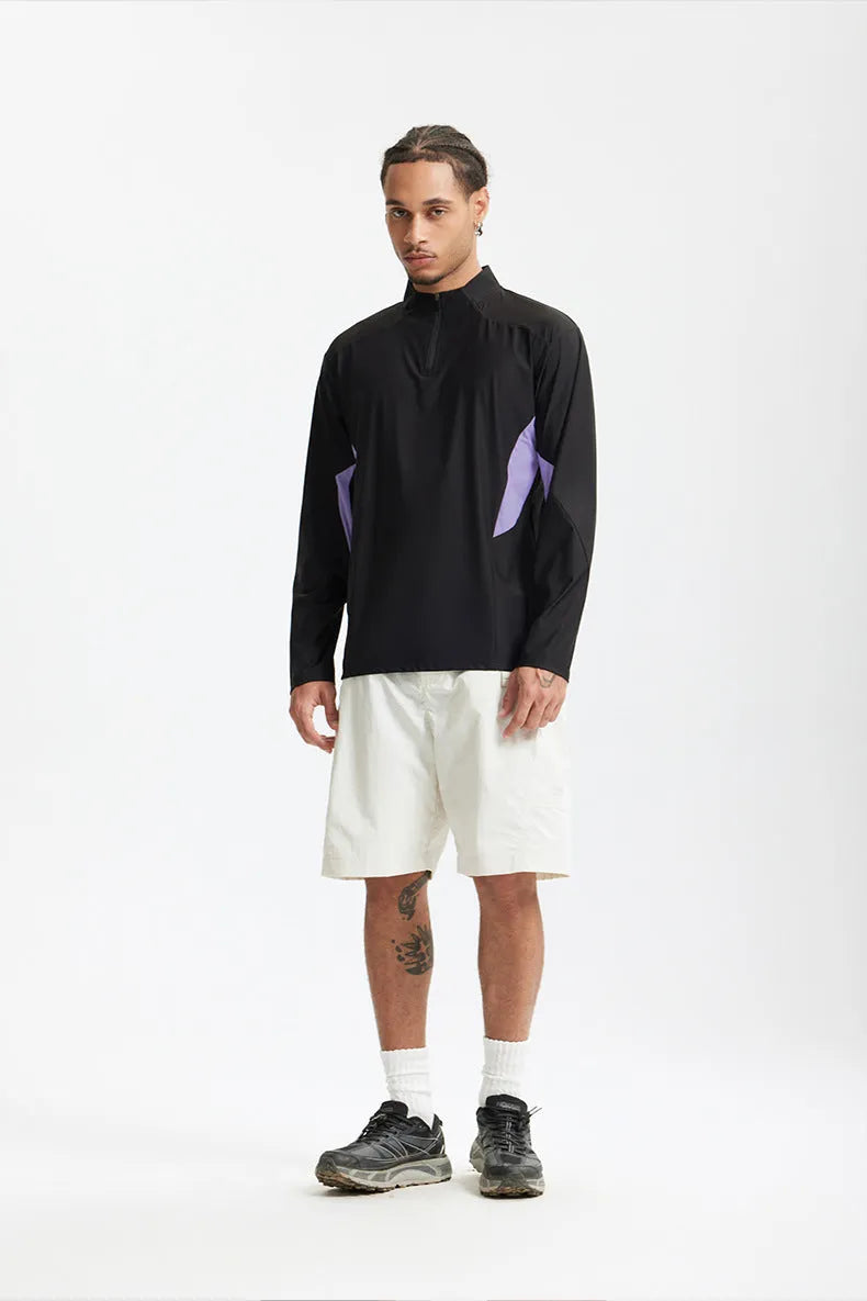 Men's lightweight polyester shirt in black and beige colours showing both long sleeve and short sleeve versions