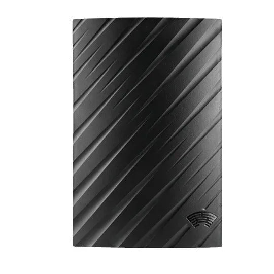 Black plastic digital television antenna with dimensions 18x16x7cm and mounting accessories