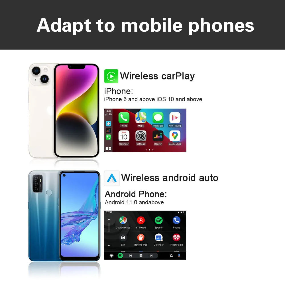 Android 11 wireless car smart box upgrade unit with ABS plastic casing showing dimensions