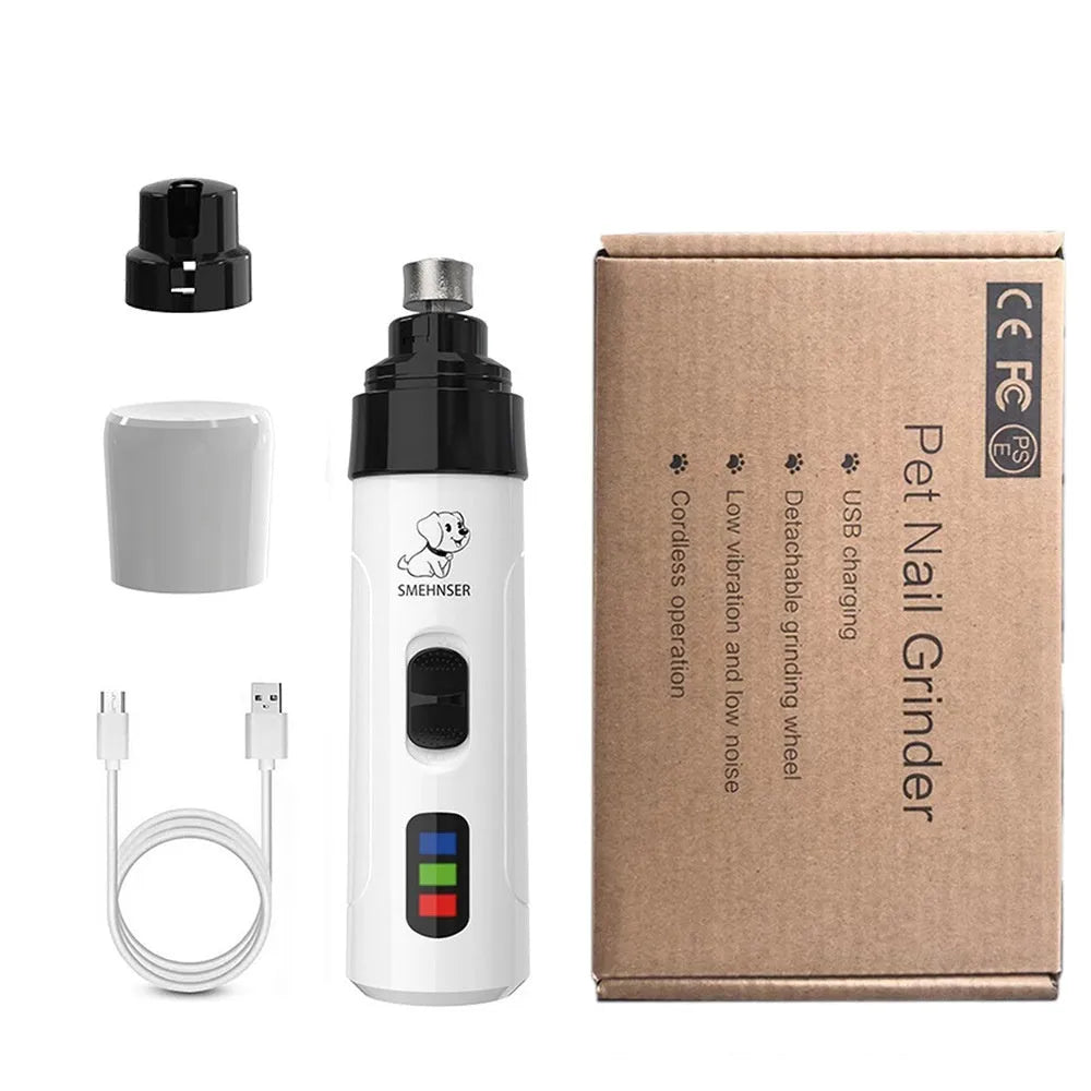 Electric dog nail trimmer device with LED display showing speed settings and automatic piercing function.