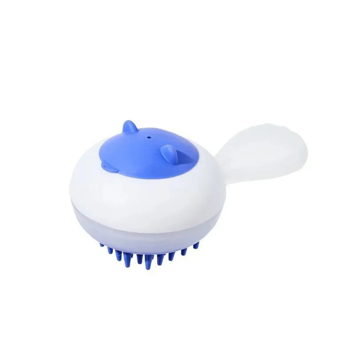 Automatic pet grooming brush with soft gel bristles in blue and orange colours