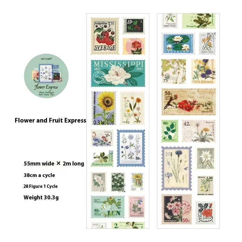 Roll of retro-design stamp stickers for journal decoration, 55mm wide.