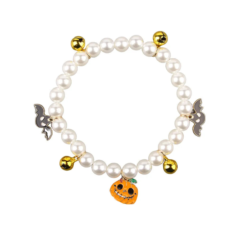 Halloween cat collar with simulated pearl necklace design in pumpkin pattern options