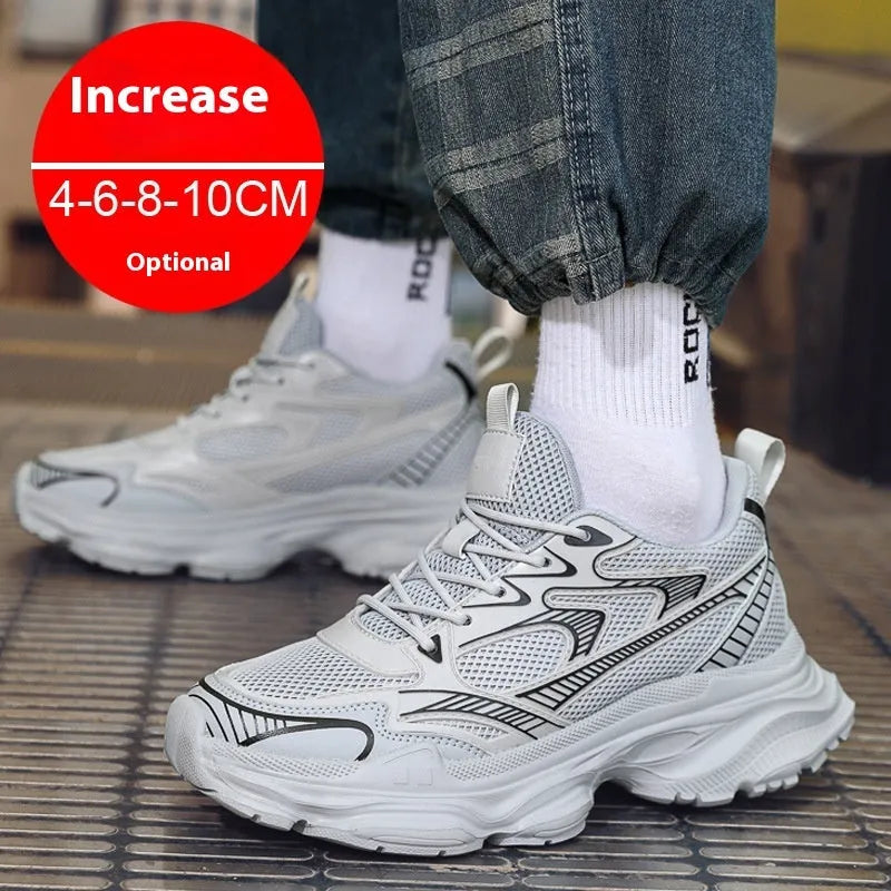 Men's white mesh height increasing casual shoes with front lace-up and rubber EVA PU sole.