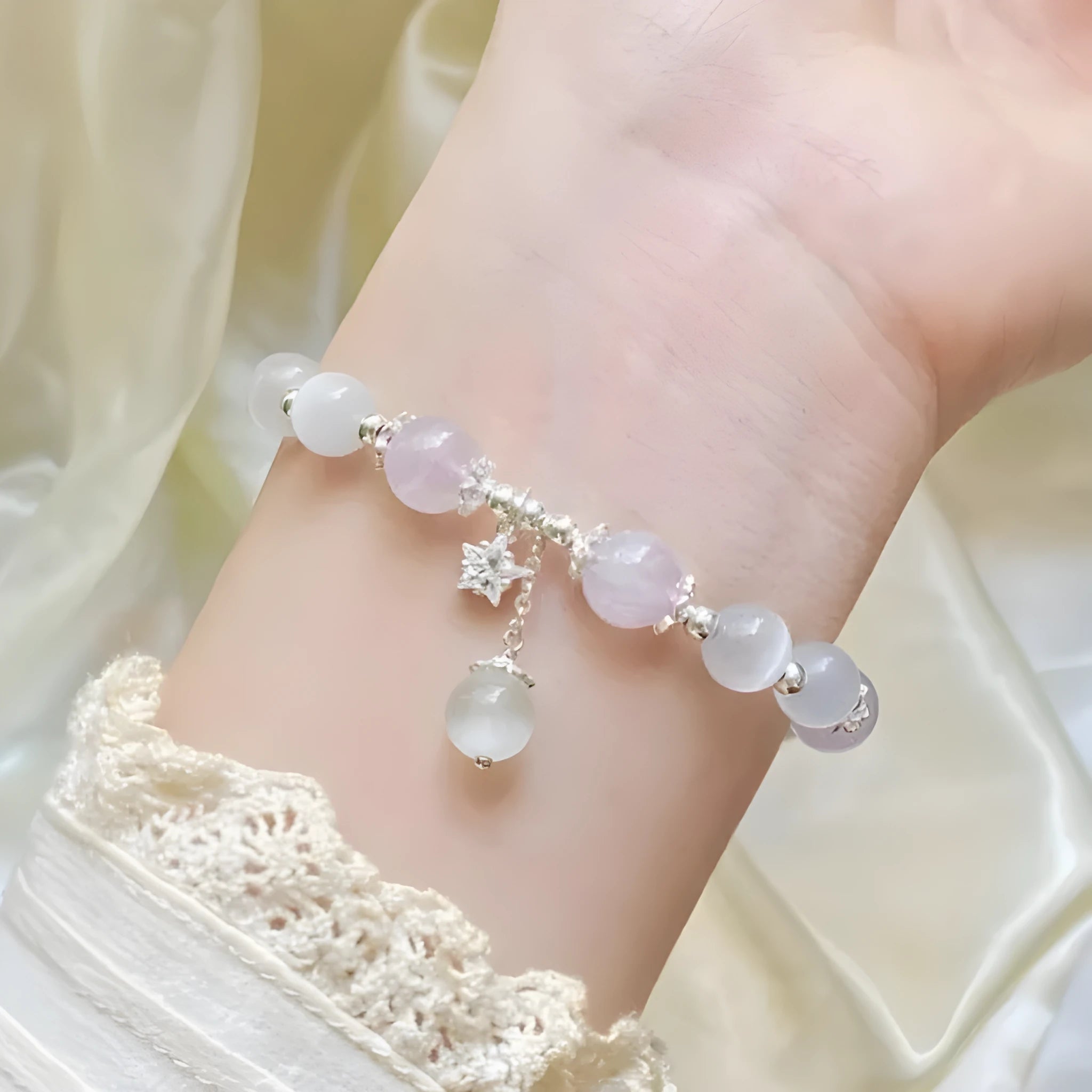 Opal amethyst coloured moon-shaped crystal bracelet for women, manually crafted.