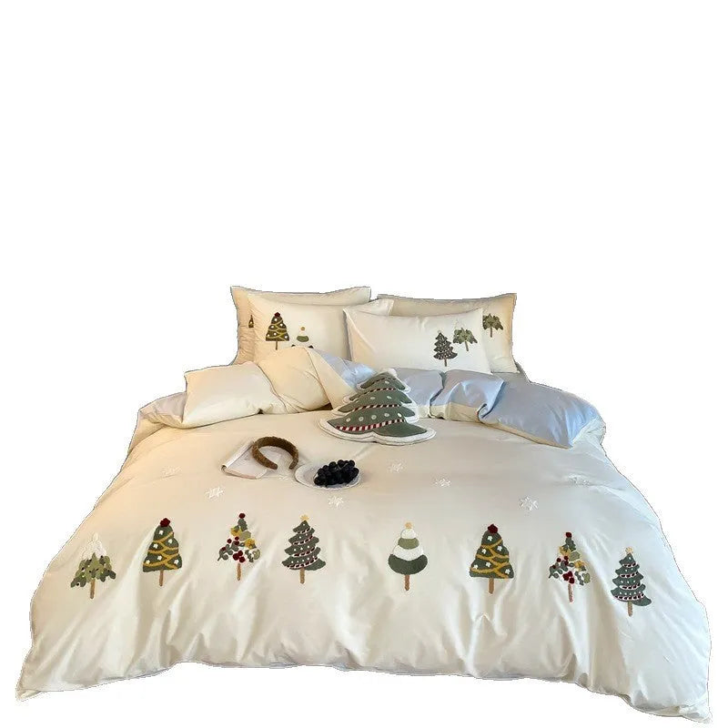 Pure cotton four-piece bedding set with embroidered Christmas tree towel decoration on duvet cover.