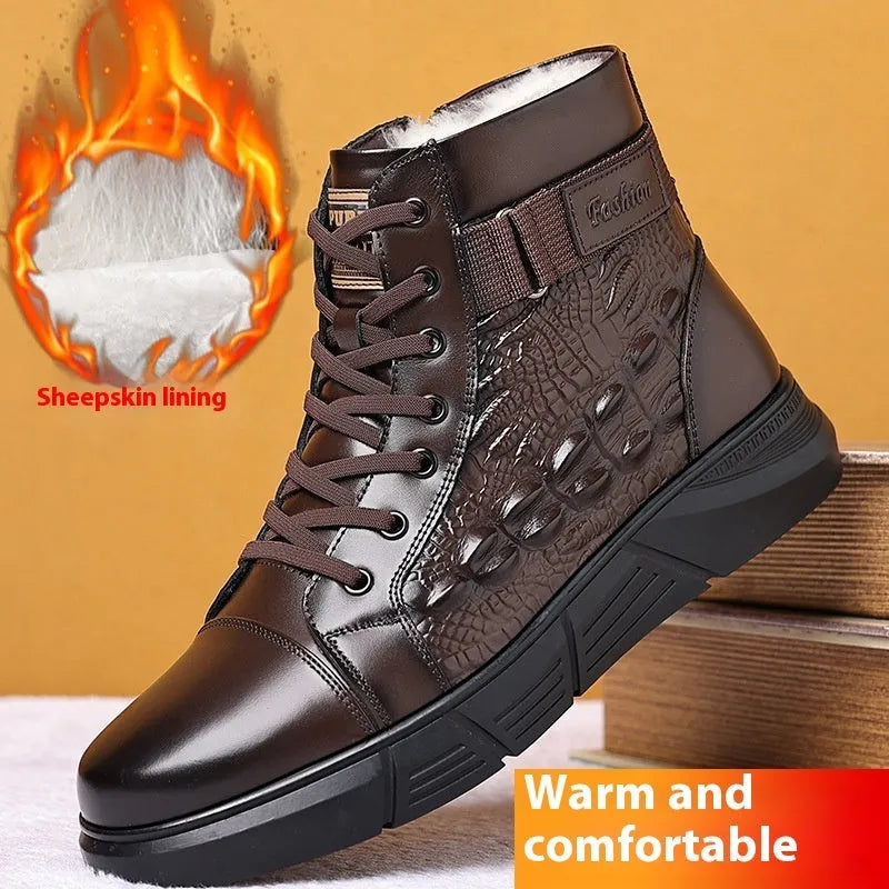 Men's black genuine leather winter boots with fur lining and lace-up front