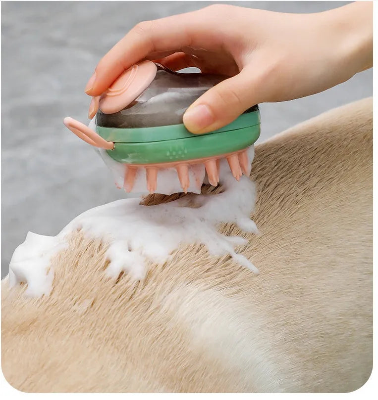Blue and green 2-in-1 pet grooming brush with shampoo dispenser for dog and cat bathing