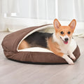 Brown cloth dog kennel pet bed with carry handle for indoor use.