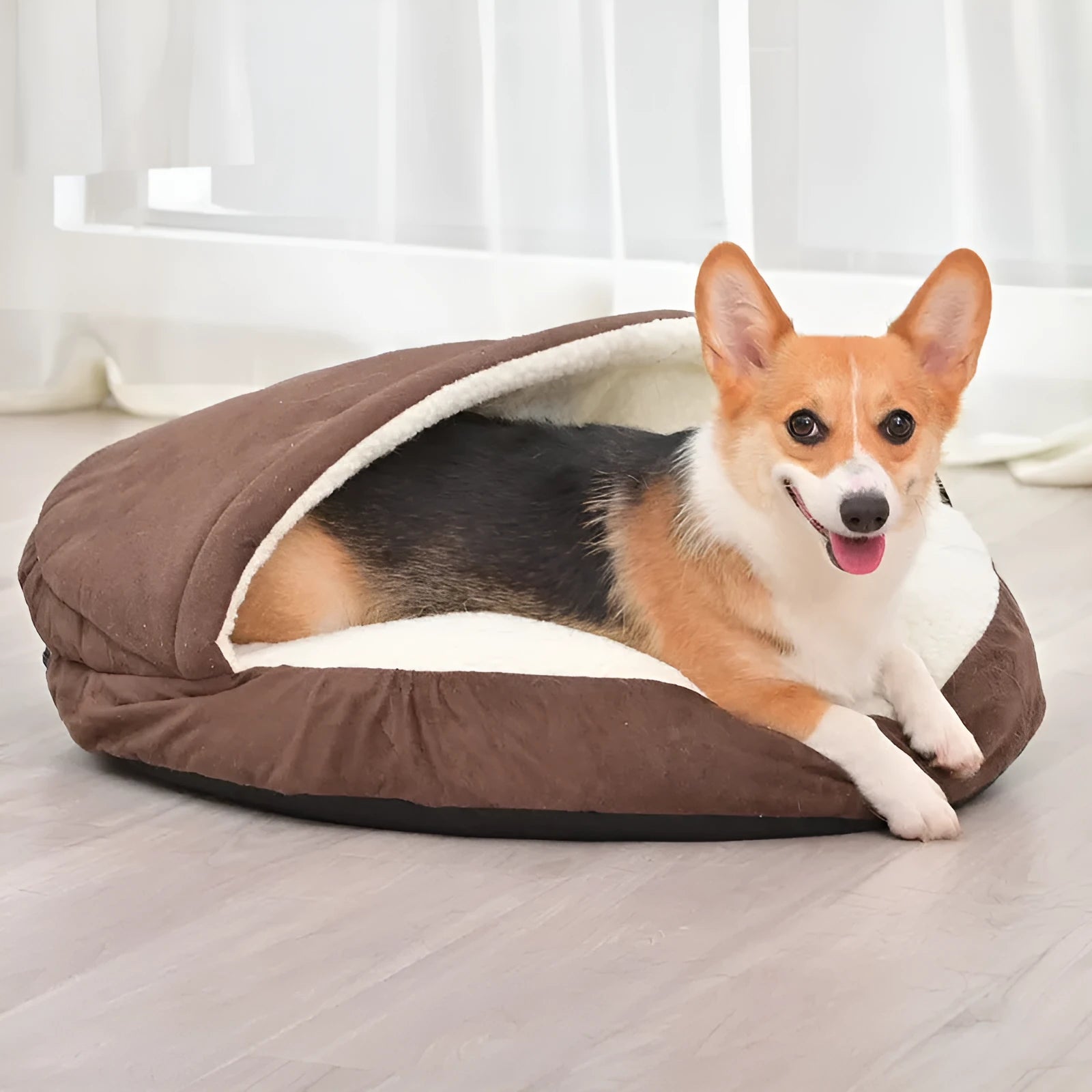 Brown cloth dog kennel pet bed with carry handle for indoor use.