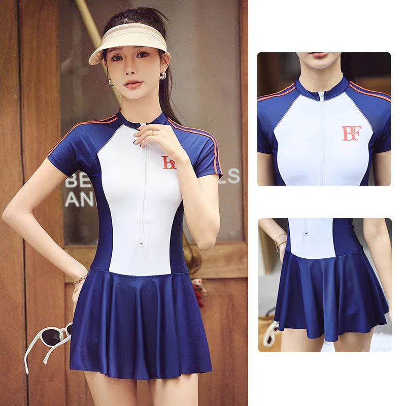 Conservative sports one-piece swimsuit with high elasticity for fitness and water activities