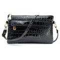 Women's black soft PU messenger bag with horizontal square shape showing dimensions