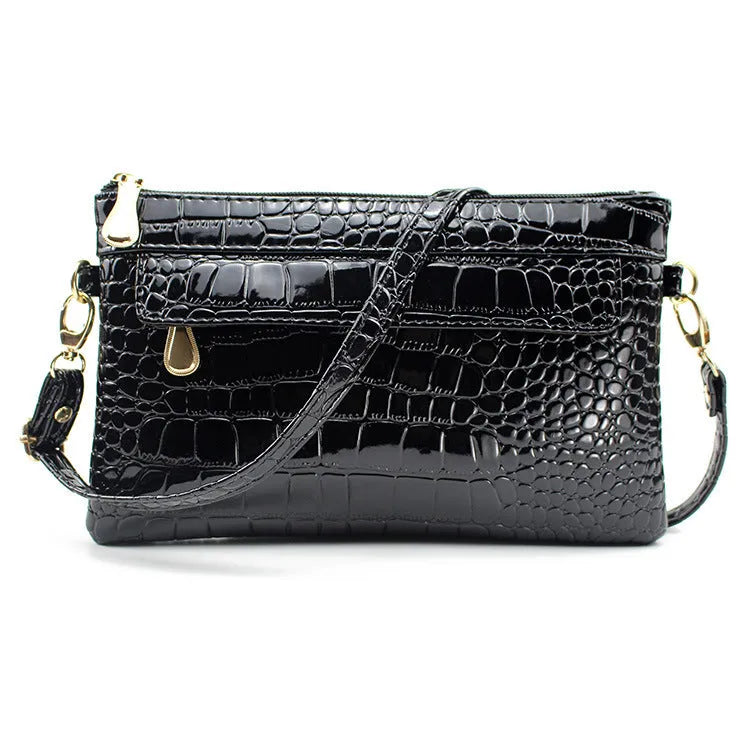 Women's black soft PU messenger bag with horizontal square shape showing dimensions