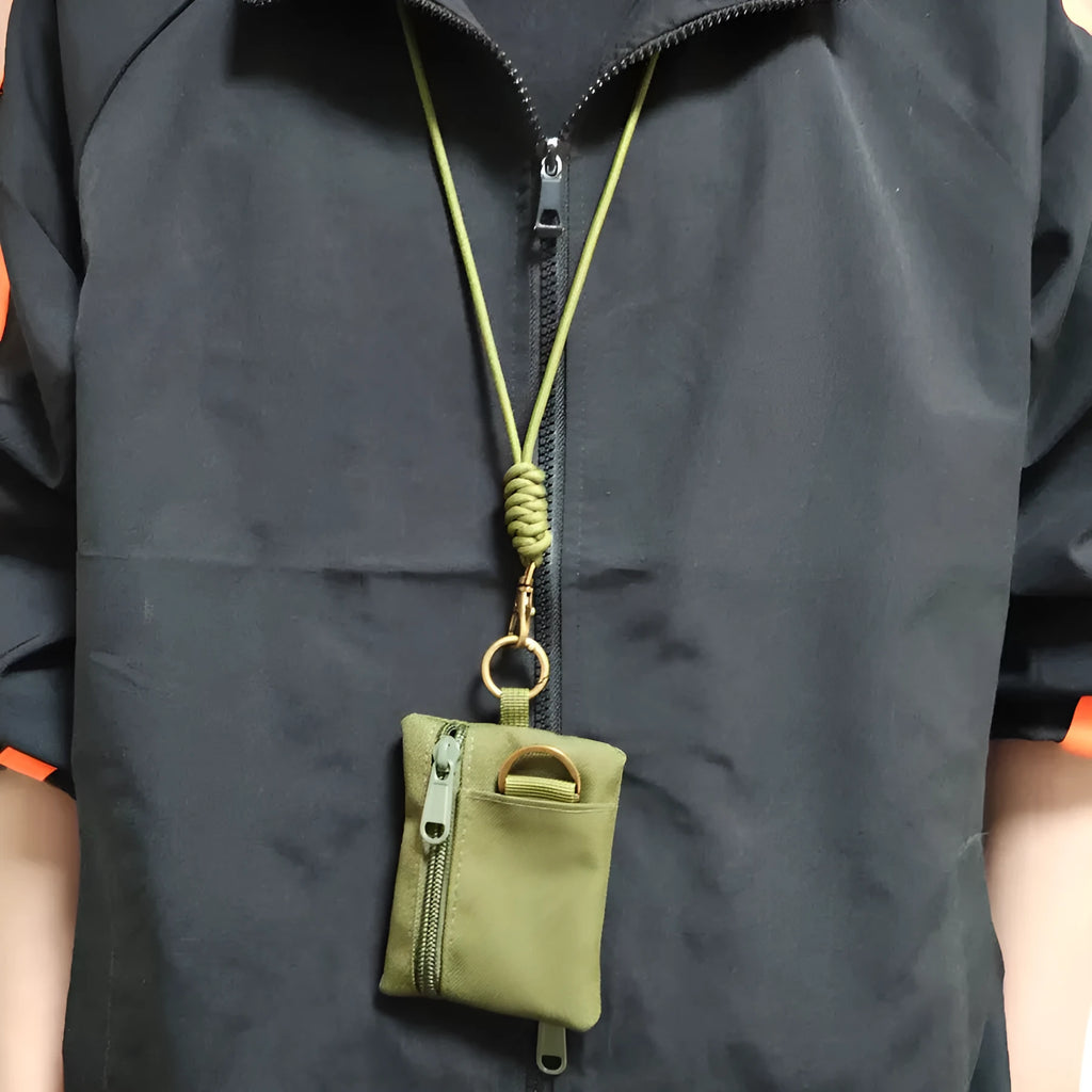 Mini multifunctional earphone bag in Oxford cloth, 9 x 10cm, with 52cm lanyard, shown in Black, Khaki or Army Green