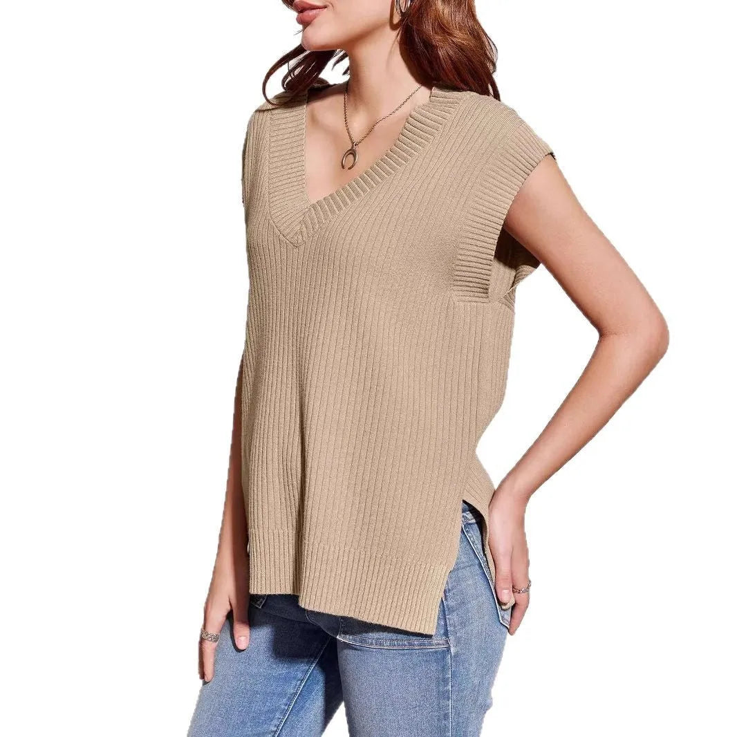 Women's V-neck sleeveless pullover vest in camel colour with striped pattern, loose fit